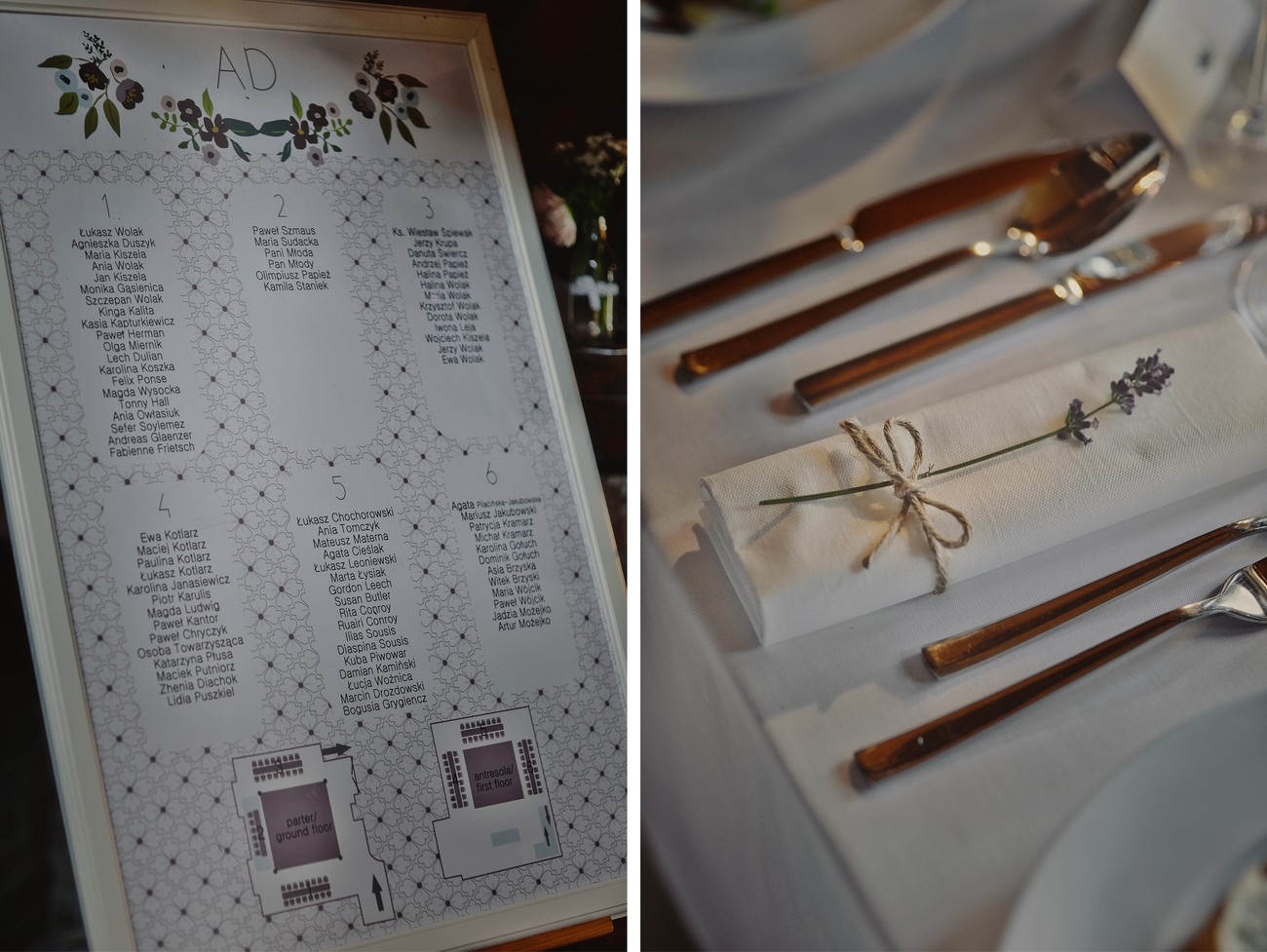 tablica z rozmieszczeniem gości oraz dekoracja serwety lawendą