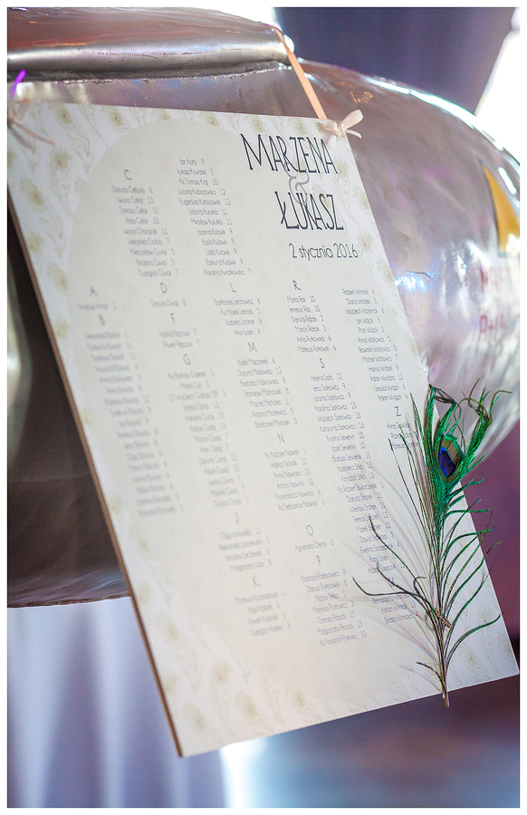 tablica z rozmieszczeniem gości z motywem pawiego pióra